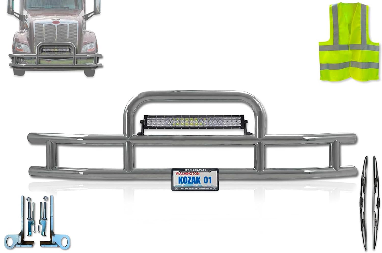 Compatible with Peterbilt 579 2013-2020 Front Bumper Guard. Grille Guard Deer Guard Brush Guards - Round - 22 inch LED bar 120W, Bracket, License plate holder and frame, Windshield wipers, Logo, Vest