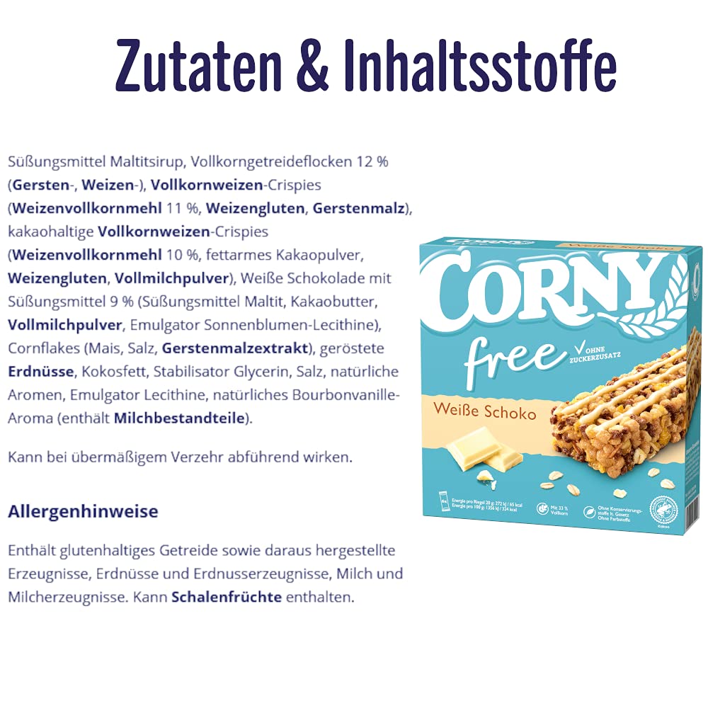 CORNY Biała czekolada, batonik na musli bez dodatku cukru, pudełko 120 g z 6 batonkami