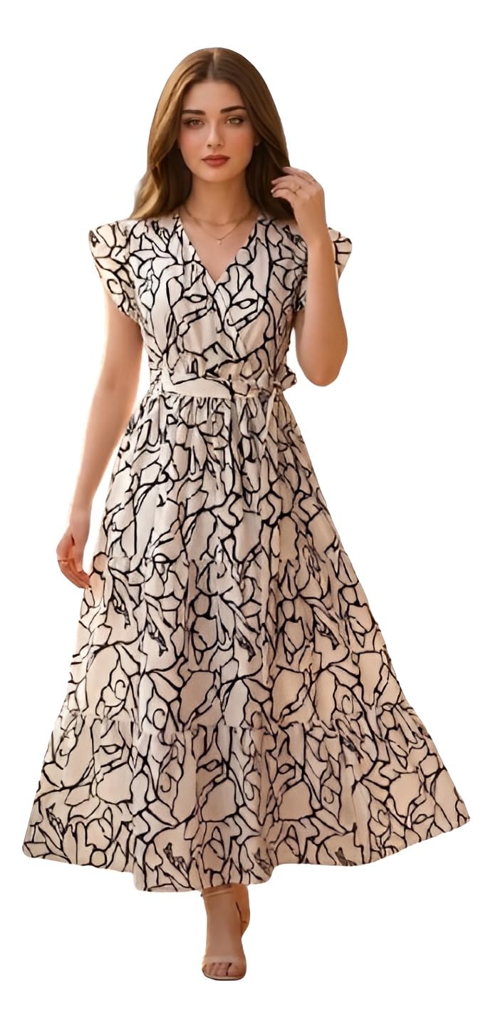 Women's Cotton Casual Maxi Dress, V-Neck with Ruffle Sleeves, Abstract Print, Belted Flared Fit-image-36