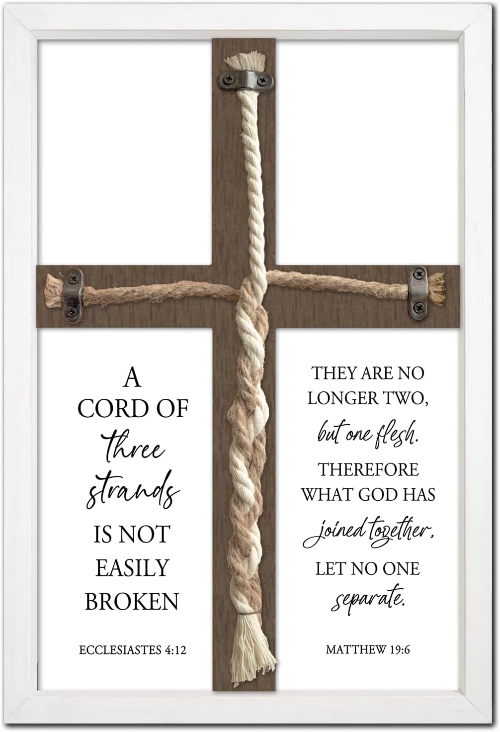flowtorely A Cord of Three Strands Wedding Ceremony Unity Wall Decor 15"X10" Matthew 19 6 Christian Marriage Prayer Cross Sign Framed Wall Hanging Art (White)