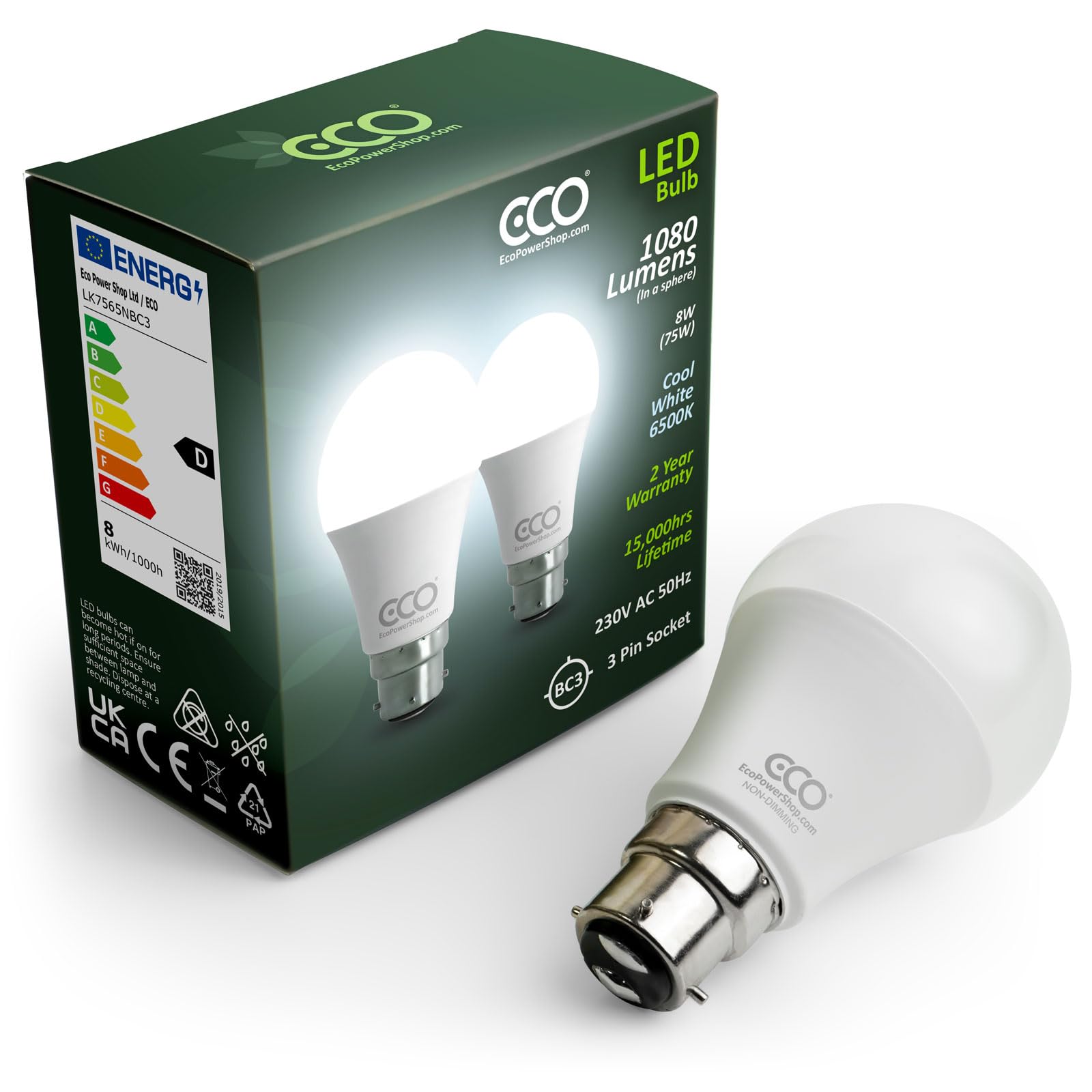 ECO 3 Pin BC3, 8W Energy Saving LED Light Bulb, 75W Equivalent, Cool White 6500K, Non-Dimmable, 15,000hrs Lifetime