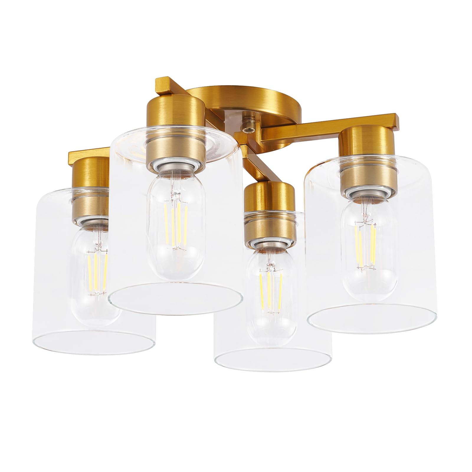 YYT Gold Semi Flush Mount Ceiling Light 4 Light Kitchen Lighting Fixtures Ceiling Light fixtures Brass with Clear Glass Shade for Bedroom Hallway Dining Room E26 Socket