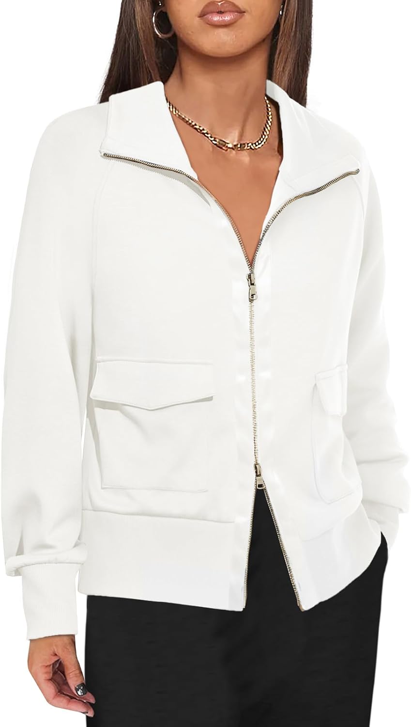 Fisoew Women’s Zip up Sweatshirt Collared Neck Long Sleeve Loose Casual Lightweight Jacket with Pockets Fisoew Women’s Zip up Sweatshirt Collared Neck Long Sleeve Loose Casual Lightweight Jacket with Pockets