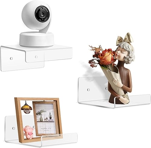 Miniatura 7 de Paquete de 3 estantes flotantes pequeños de acrílico para almacenamiento en pared, mini estante adhesivo de 4 pulgadas para sala de estar, baño,