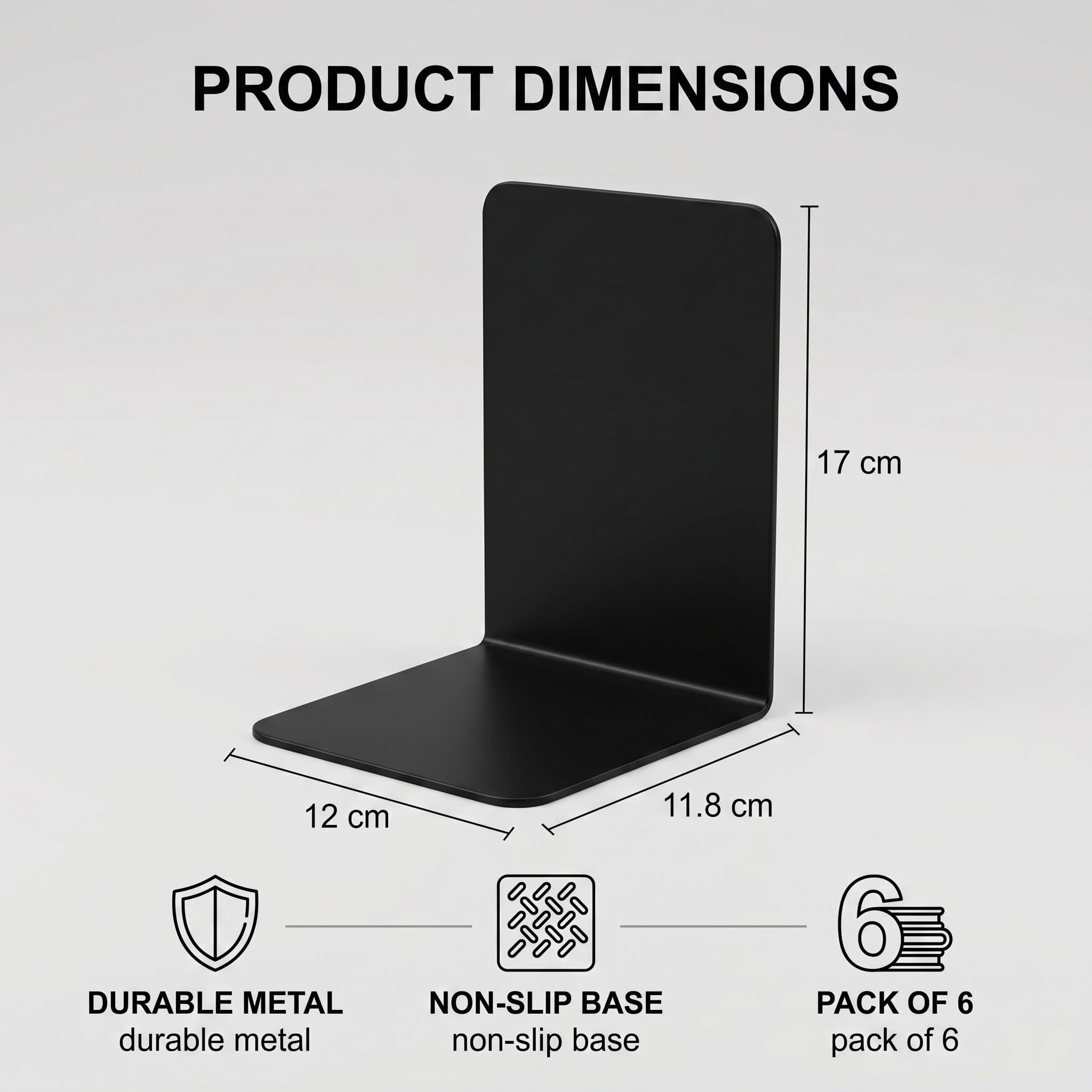 Fermalibri in metallo nero 17 x 12 x 11,8 cm antiscivolo 6 pezzi per libreria