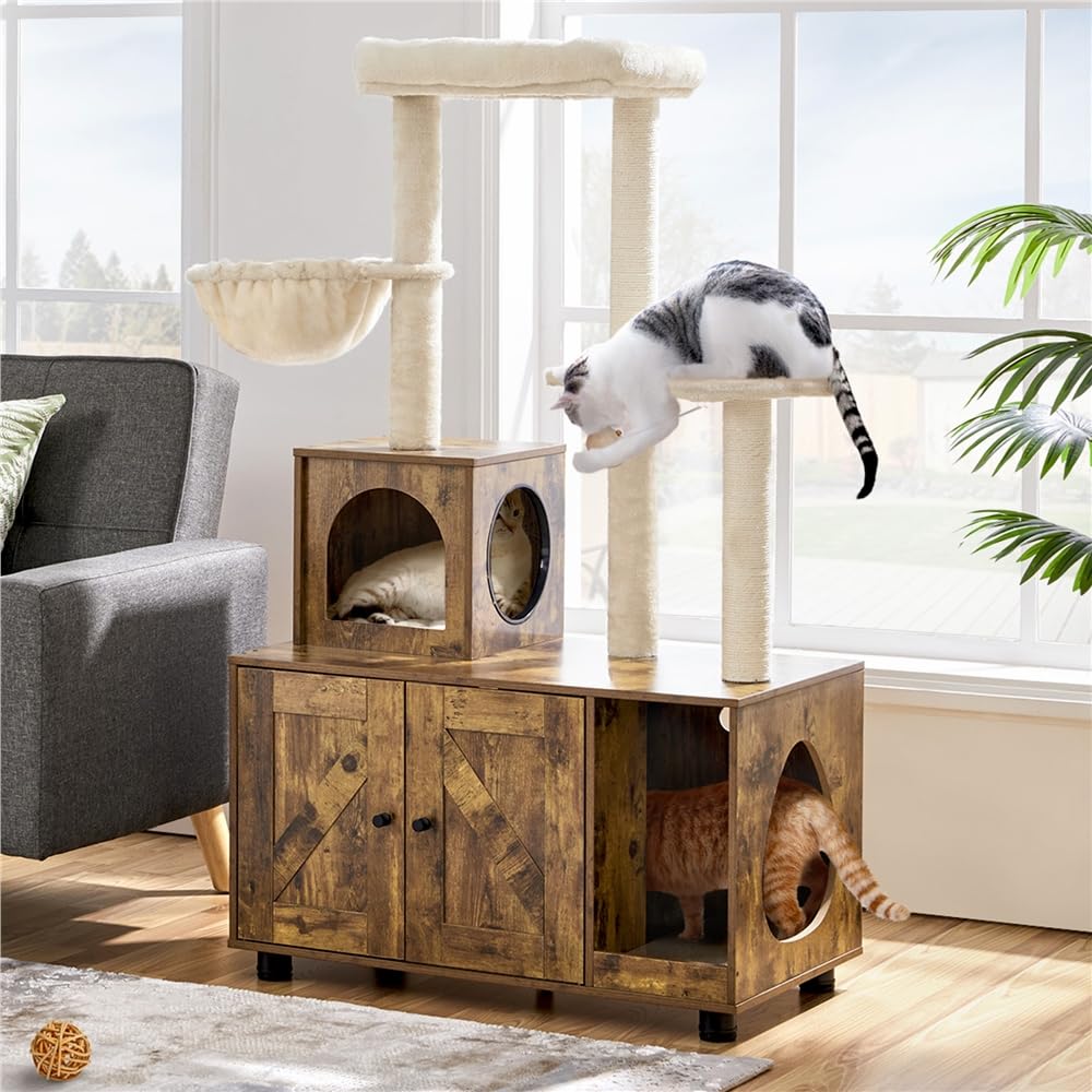 Yaheetech Albero Tiragraffi per Gatti 134,5 cm Mobile per Lettiera Multifunzionale Tutto in Uno Sisal Posatoio Condominio in Legno Marrone Rustico/Beige
