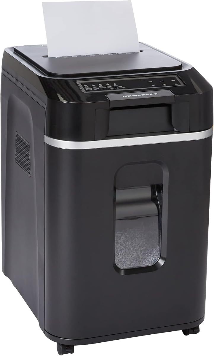 Trituradora de papel de corte transversal con alimentación automática de 200 hojas, P-4 de alta seguridad, antiatascos, contenedor extraíble de 8,5 galones, negro