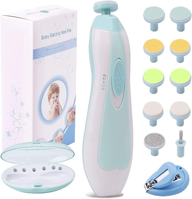 Baby Nail File Electric, Nail Trimmer Manicure Set with Nail Clippers, LED Light and 10 Grinding Heads (White/Teal)