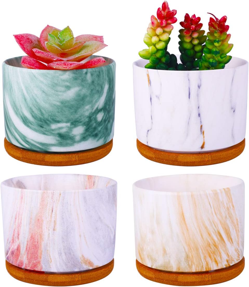 4 pcs 4 Inches Ceramic Marbleizing Style, Big Planters with Bamboo Trays (Colorful)