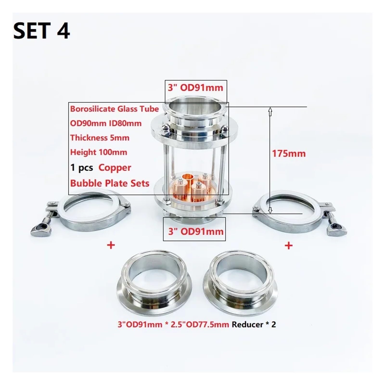 Colonna for Lenti di Distillazione Colonna di distillazione OD91 da 3" (76 mm) con 1 Piastra a Bolle di Rame Colonna di rettifica in Vetro a 1 Strato(Set 2)