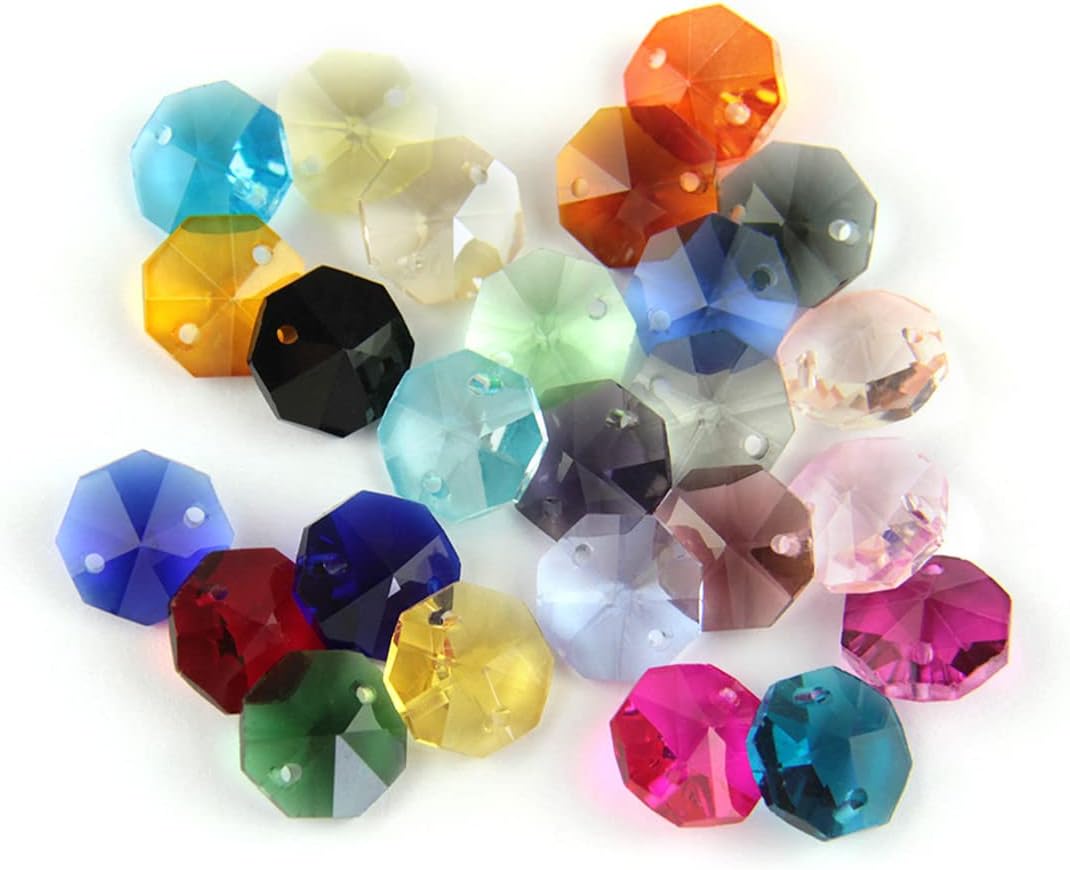 ECYC Ltd 100 Pcs 14mm Crystal Glass Octagon Beads 2 Holes, Chandelier Parts Replacement Beads Curtains Bead Faceted Prisms Pendants Suncatcher for Chandelier, Home Decor, Jewelry Making, DIY Crafts