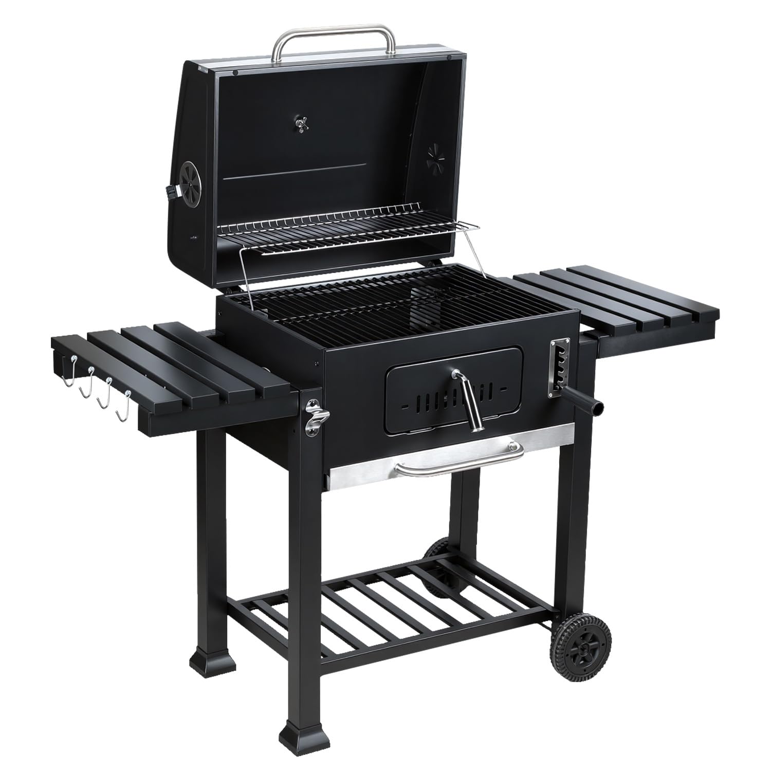 Barbecue XXL con coperchio e ruote, con doppio ripiano pieghevole, gancio, termometro, griglie, ecc, barbecue da campeggio e affumicatore, colore: grigio