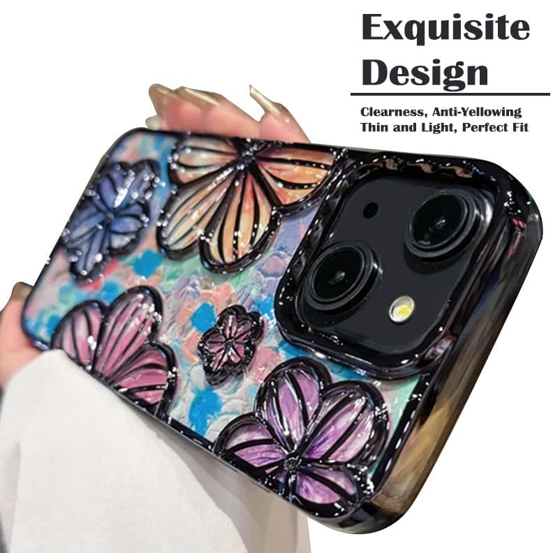 Image of mobistyle Compatible with iPhone 15 Plus Phone Case | Colorful Flower 3D Clear Cover Soft TPU Camera Protection Shockproof Back for Women Girls iPhone Case (Flower Black)