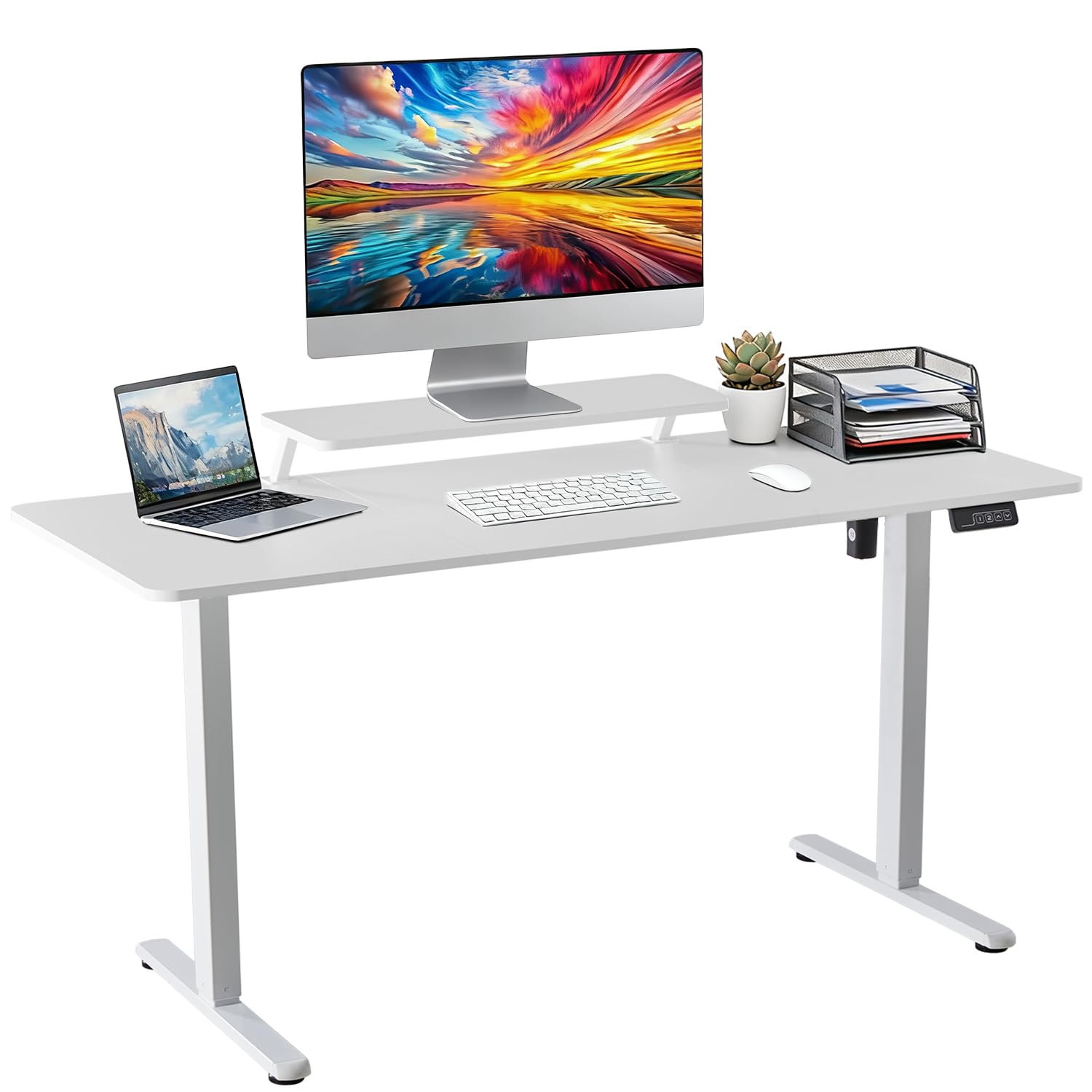 Dumos Weiß Höhenverstellbarer Schreibtisch 140 X 60 Cm, Elektrischer Schreibtische Höhenverstellbar, Gaming Tisch Mit Monitorständer, Stehpult Verstellbarer Computertisch, Adjustable Standing Desk,