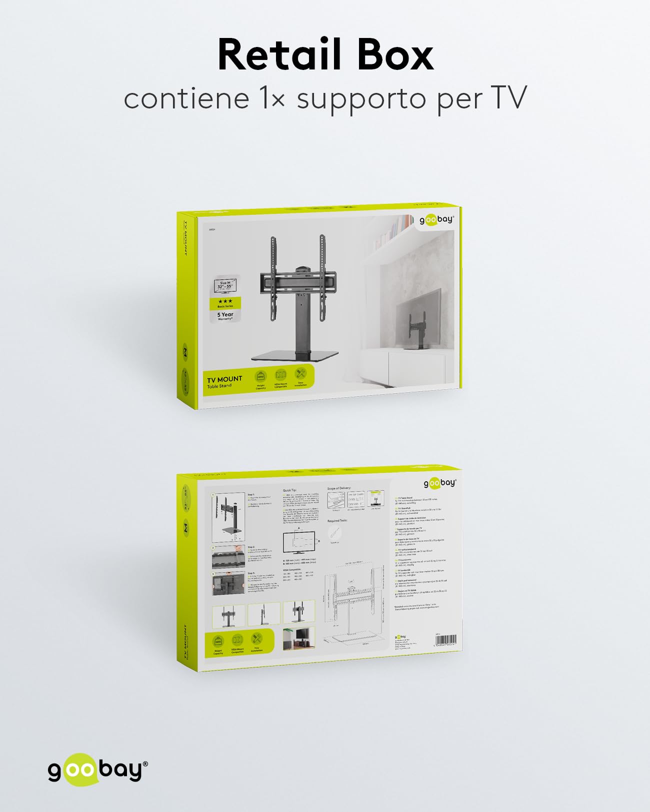 goobay Supporto TV da Pavimento 32-55 Pollici Girevole 35 Gradi Regolabile in Altezza Compatibile VESA Fino a 40 kg Base in Vetro - 58524