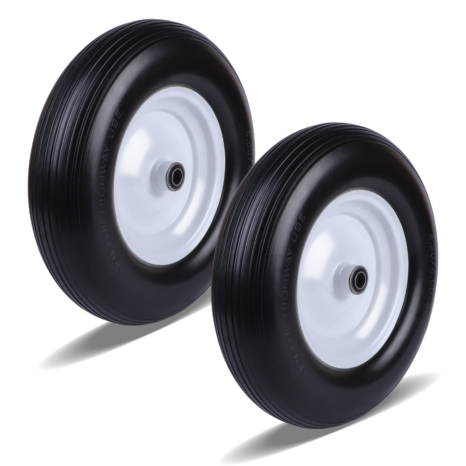 Eazy2hD2 Pack 4.80/4.00-8 Flat-Free Wheelbarrow 16" Solid Rubber Wheel Barrel Tires Non-Slip Center Hub 3.25"-6", Installed 3/4" Bearing with Extra 5/8" Bearing for Yard Garden Wagon