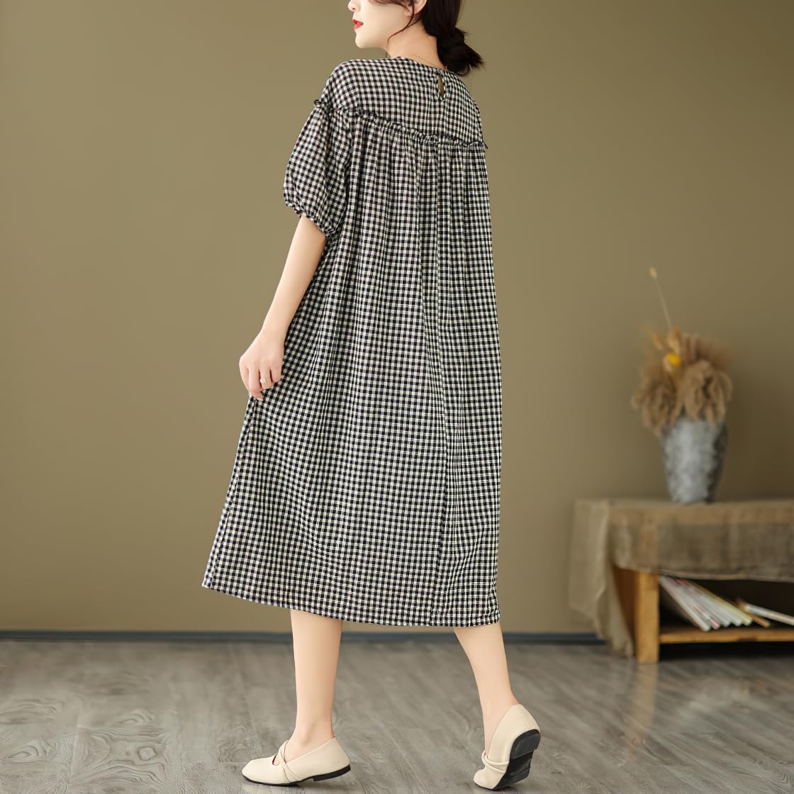 CHOYATOU Women's Casual Loose-Fit Swing Gingham Dress Cotton Linen Puff Sleeve Plaid Midi Tunic Dress