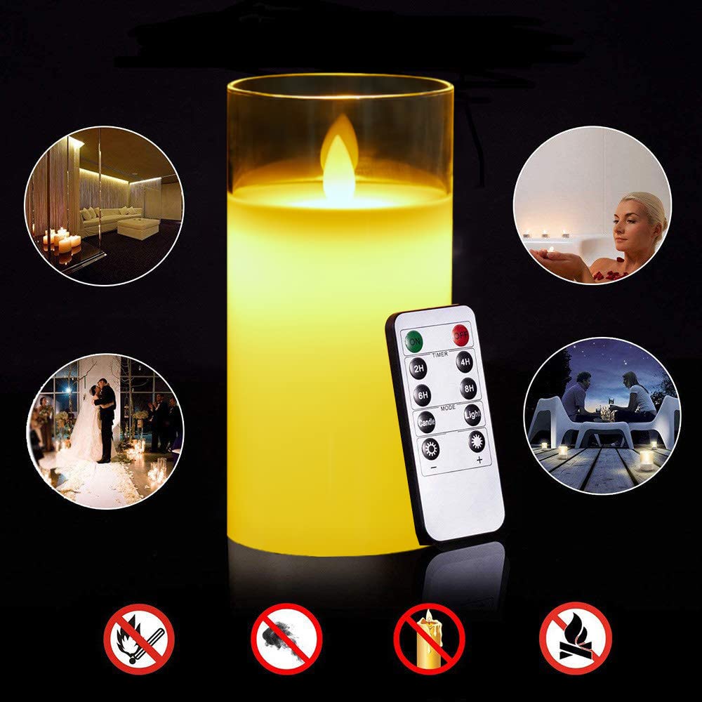 Velas LED Pack de 2 Parpadeante Sin Llama Con Vidrio y Temporizador, Mando a Distancia, Real Cera, Regulable Para Dormitorio y Fiesta - 12.5cm Blanco