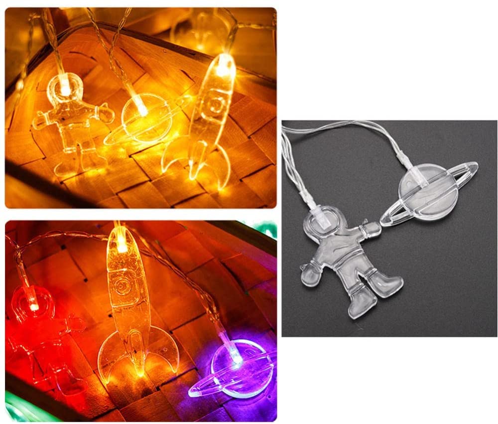 Kreative Lichterkette mit Astronauten-Raumschiff und Rakete | Batteriebetriebene Dekolampe for Kinderzimmer | for Feiertage(Warm White,9.8FT(20LED))