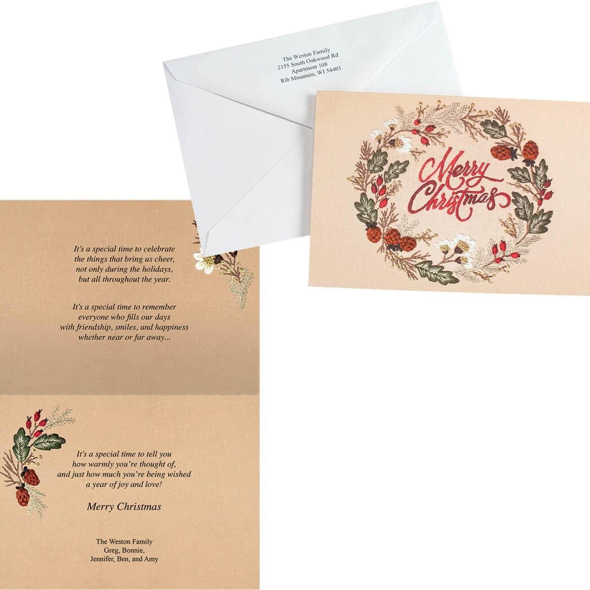 HOLIDAY PEAK Custom Embroidered Christmas Wreath Card set of 20, Card and Front of Envelope Personalization w/Design