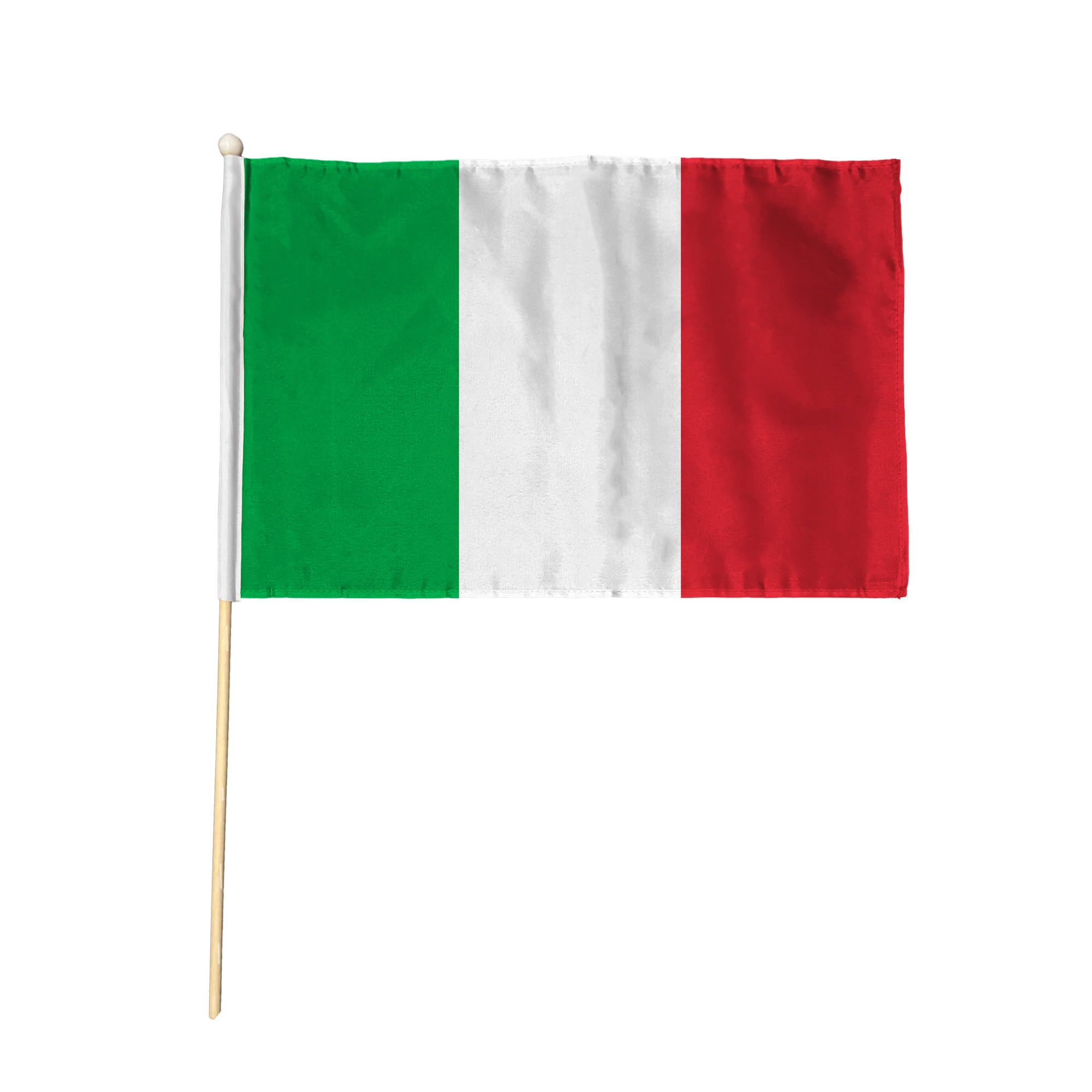 Flagtex Italy Hand Waving Flag (18x12 Inch Large) - Premium Wooden Stick Hand Flag Big Size Natural Wood Pole European Green White Red Tricolour Vertical Stripes Flag