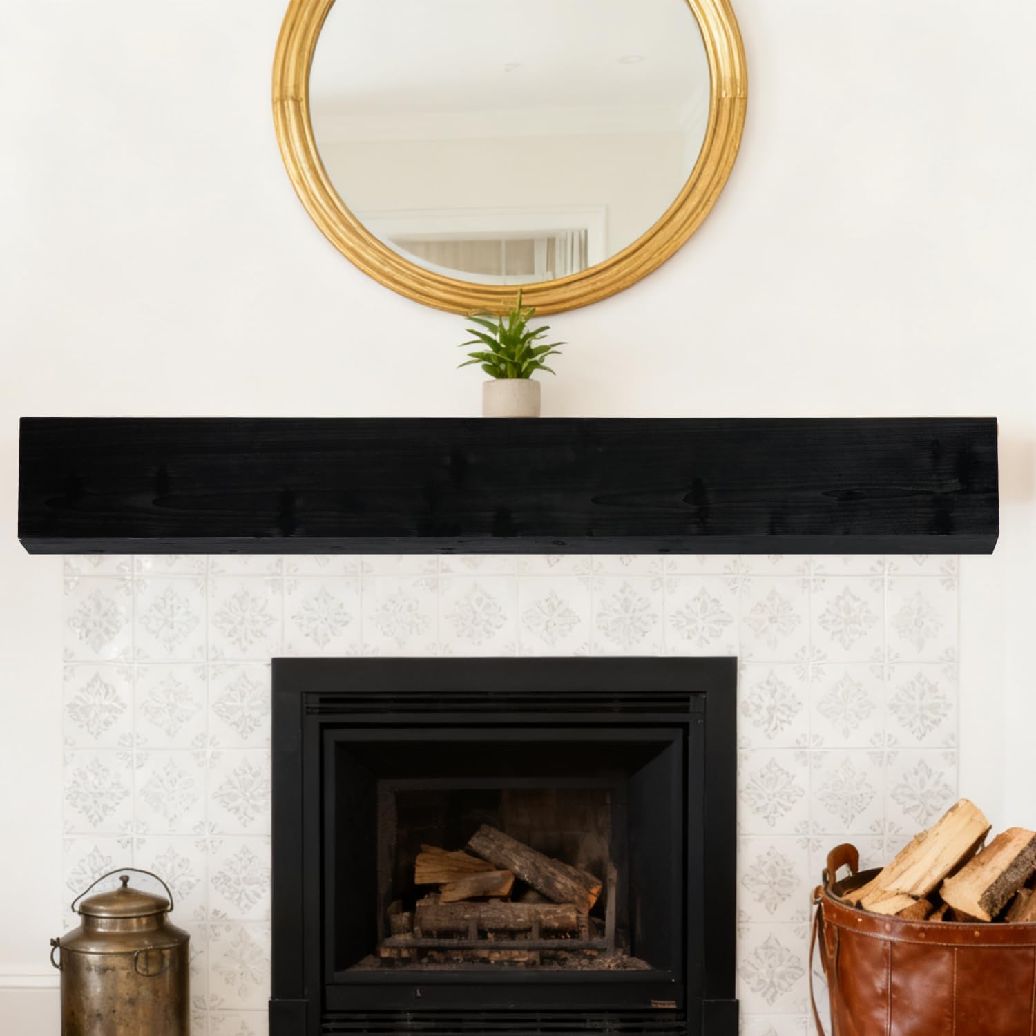 48" Fireplace Mantel Fir Wood Wall-Mounted & Floating Shelf for Home Decor with Flat Solid Black Material Living Room Elegant Finish