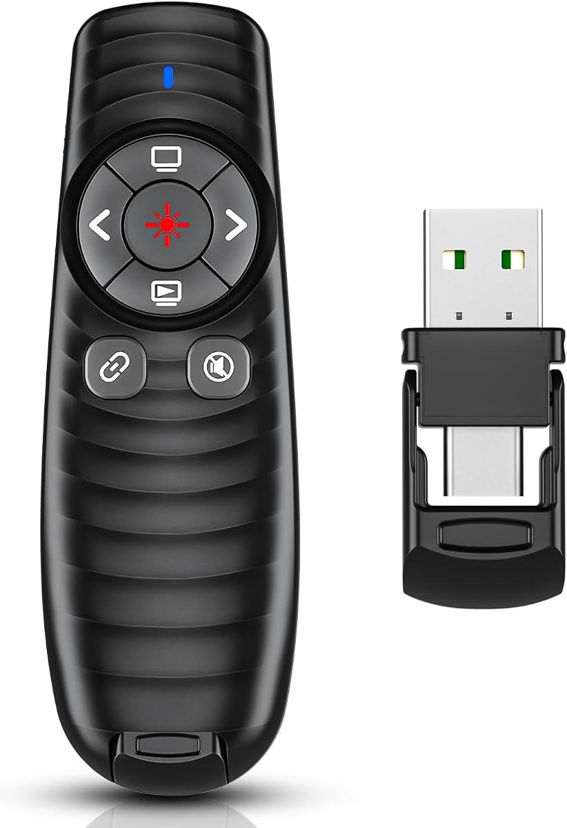Clicker de presentación USB tipo C 2 en 1 Presentador inalámbrico Clicker remoto | Powerpoint Clicker Slide Advancer, Clicker para presentaciones de Powerpoint con control de volumen, Presentation Clicker para Mac