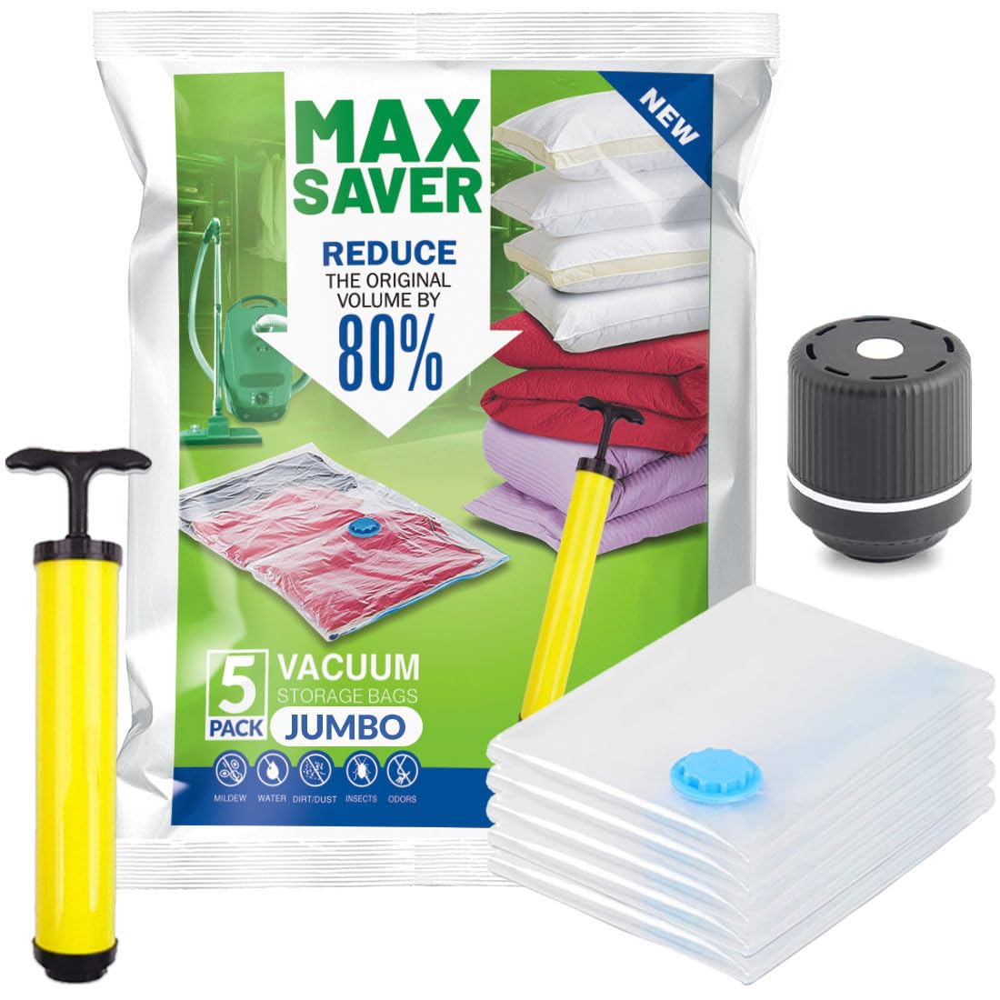 5 Pack Max Saver Vacuum Bags for Travel, Space Saver 5 Jumbo with Electric Pump Storage Bag for Clothes, Bedding, Pillows, Comforters, Blankets Sealer Compression Airtight Reusable Packing Ziplocks (B0D799ZYGN) Amazon Price History, Amazon Price Tracker