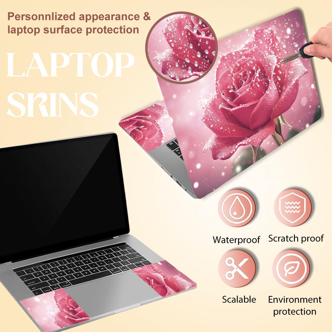SUPERDANT Pink Rose Laptop Skin Decal Shining Rose Universal Notebook Art Decal Notebook PC Protector 12 13 13.3 14 15 15.4 15.6 Inches Vinyl Cover Removable Removable Vinyl Skin Cover - Image 3