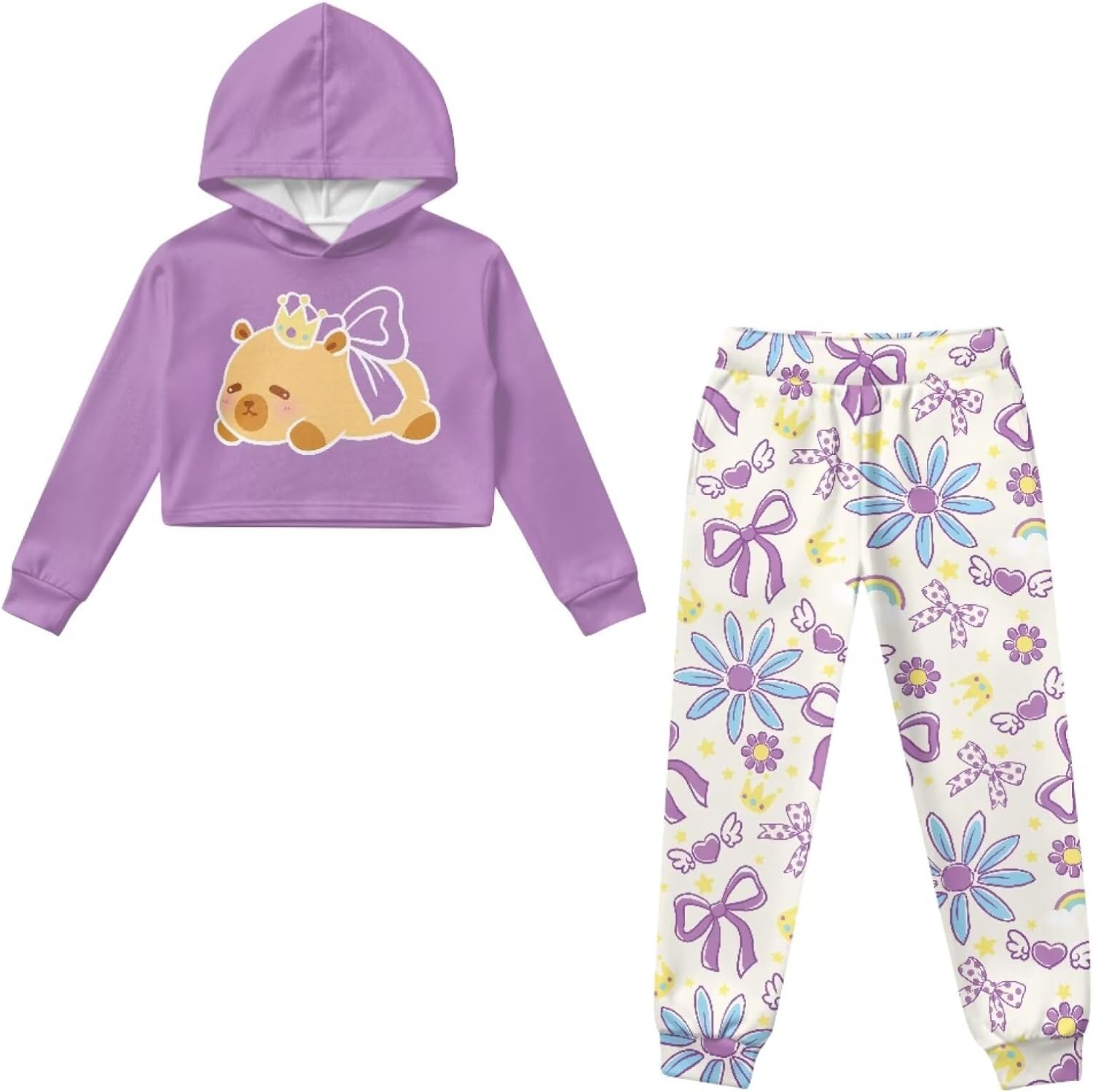 Girls 2 Piece Athletic Outfit Capybara Print Long Sleeve Sweatshirts Tops Matching Jogger for 4-13Y