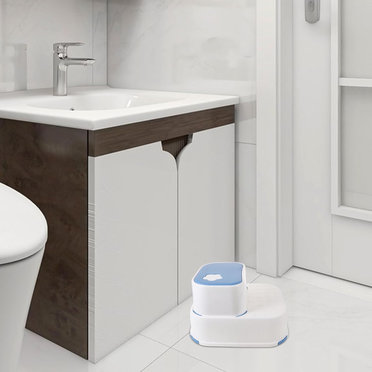 Cabilock Double Layer Step Stool Non-Slip Nursery Bathroom and Kitchen Footstool Blue White for Washing and Potty Training