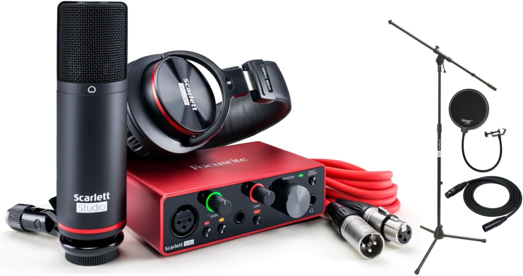 FocusriteScarlett Solo Studio 3rd Gen USB Audio Interface Bundle with Boom Stand, XLR Cable and Pop Filter (4 Items)
