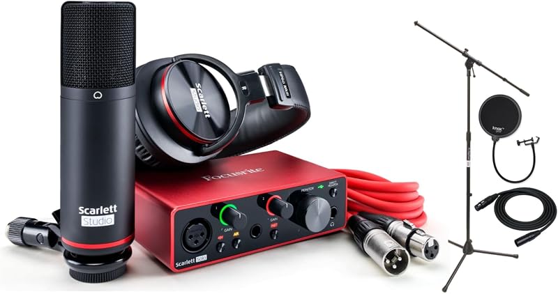 Paquete de interfaz de audio USB de tercera generación de Scarlett Solo Studio con soporte de pluma, cable XLR y filtro pop (4 elementos)