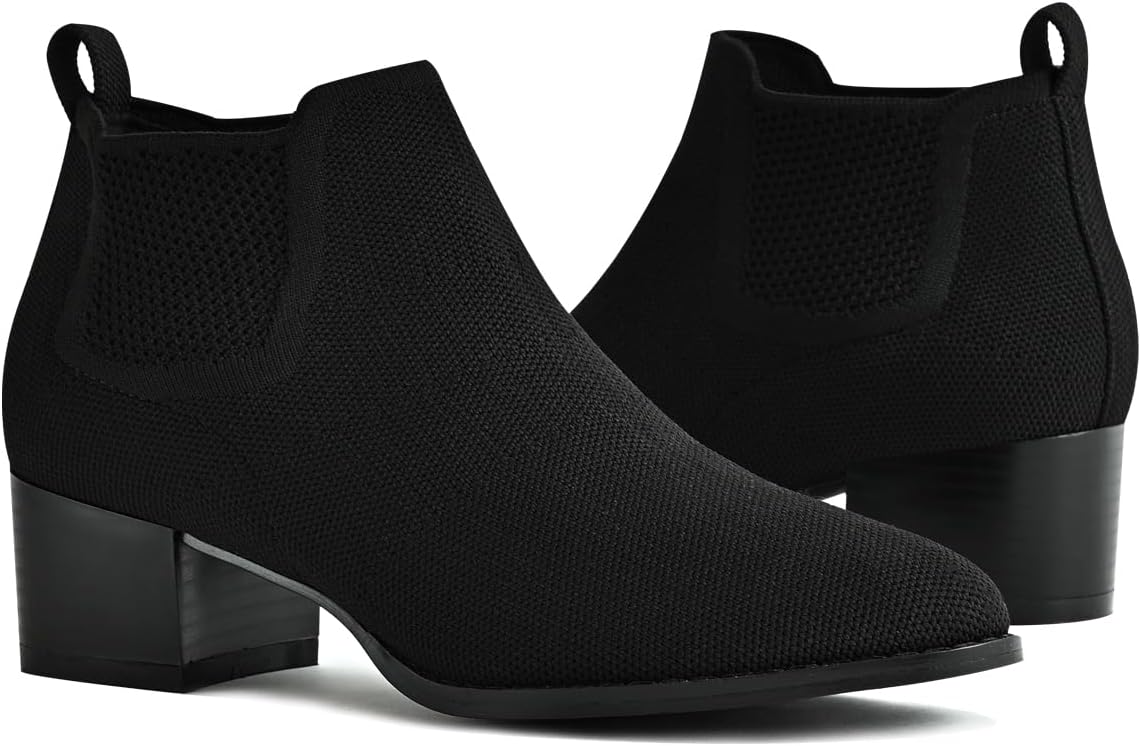 Low Heel Ankle Boots for Women Chunky Heel Knit Sock Chelsea Boots Slip On Stretchy Comfortable Short Boots Fashion Black Brown Heeled Booties Dress Shoes for Fall & Winter