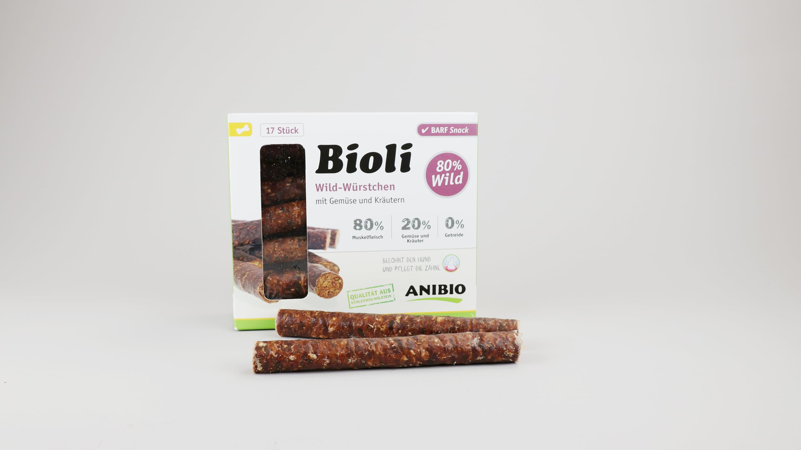 Anibio Bioli 60 Stück Wild | Würstchen für Hunde | Leckerlie | Muskelfleisch | Ohne Weizen | Ohne Farb- und Geschmacksstoffe | gut geeignet für den allergischen Hund