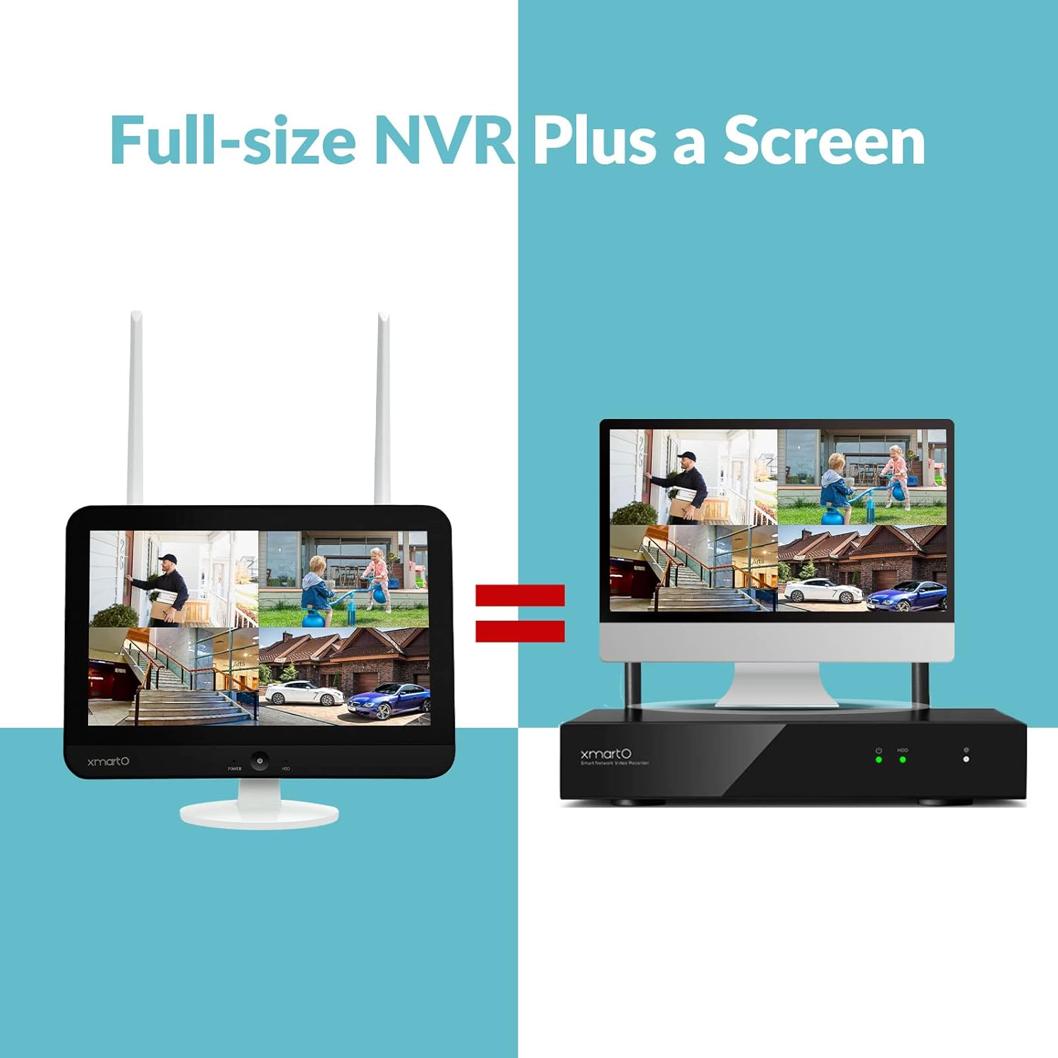 Comparison of XMARTO NVR with integrated screen versus a traditional NVR box and separate monitor