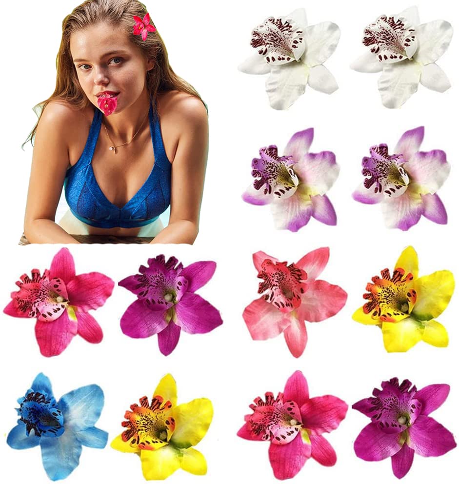 Lot de 12 pinces à cheveux double en mousseline de soie avec fleur d'orchidée hawaïenne pour fête de mariage, accessoires de plage (couleur aléatoire)