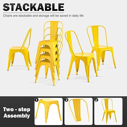 Miniatura 5 de Sillas de comedor de metal amarillas Set de 4 Sillas industriales apilables Adecuadas para comedor interiorexterior, cocina, restaurante, café Daisy