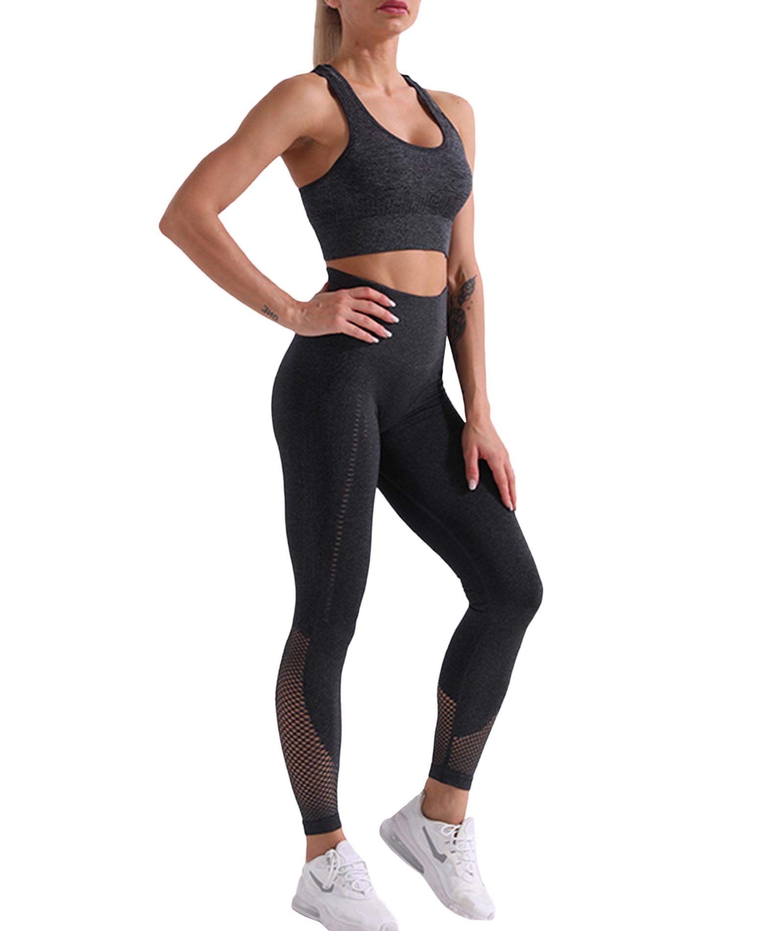 xxxiticat Women's Yoga Gym Sets Sleeveless Crop Top High Wasit Legging Pants 2PCS Athletic Seamless Workout Suit(9518,DG,M) Dark Gray