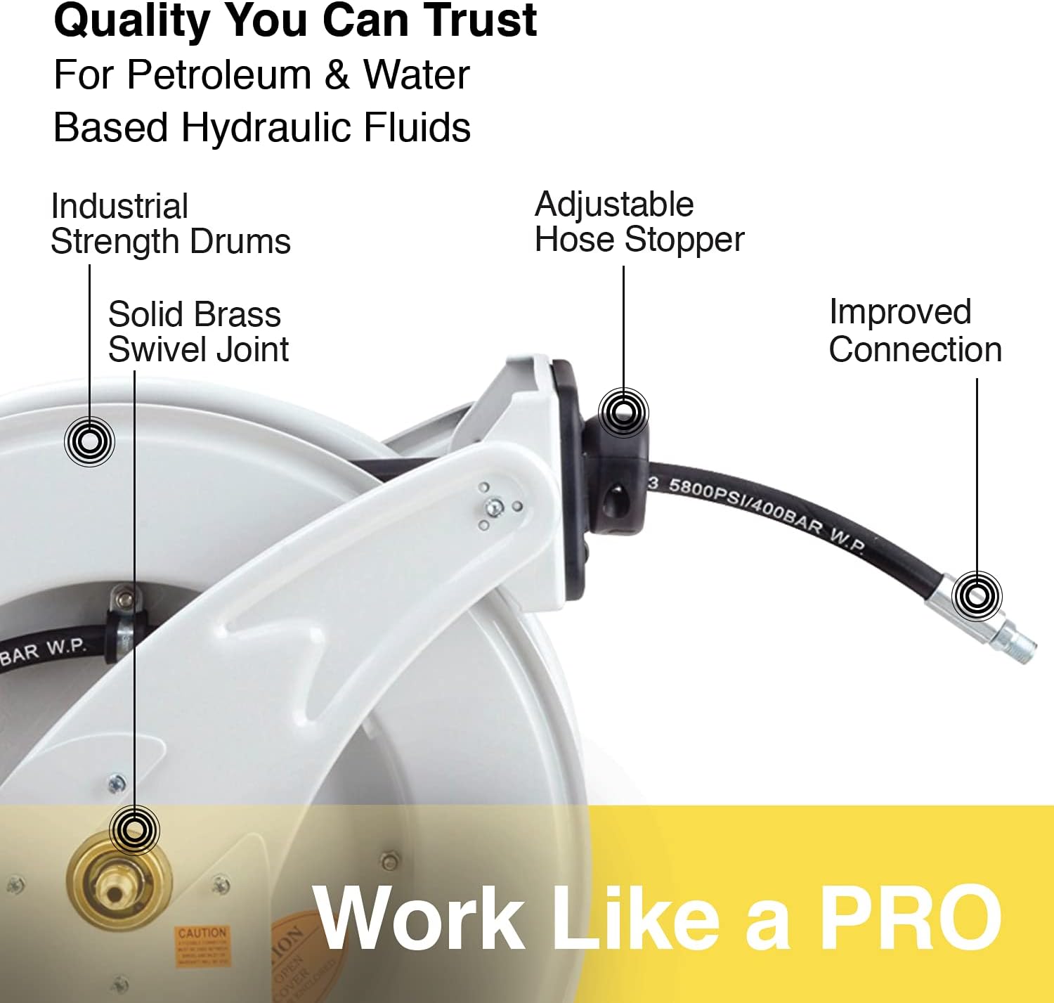 Promo Discount Up To 70% Off REELWORKS Grease-Hose-Reel Retractable 1/4 Inch x 50' Feet ELITE Long Premium Commercial SAE.100R2AT Hose MAX 5800 PSI Spring Driven Steel Construction Heavy Duty Industrial Dual Arm & Pedestal