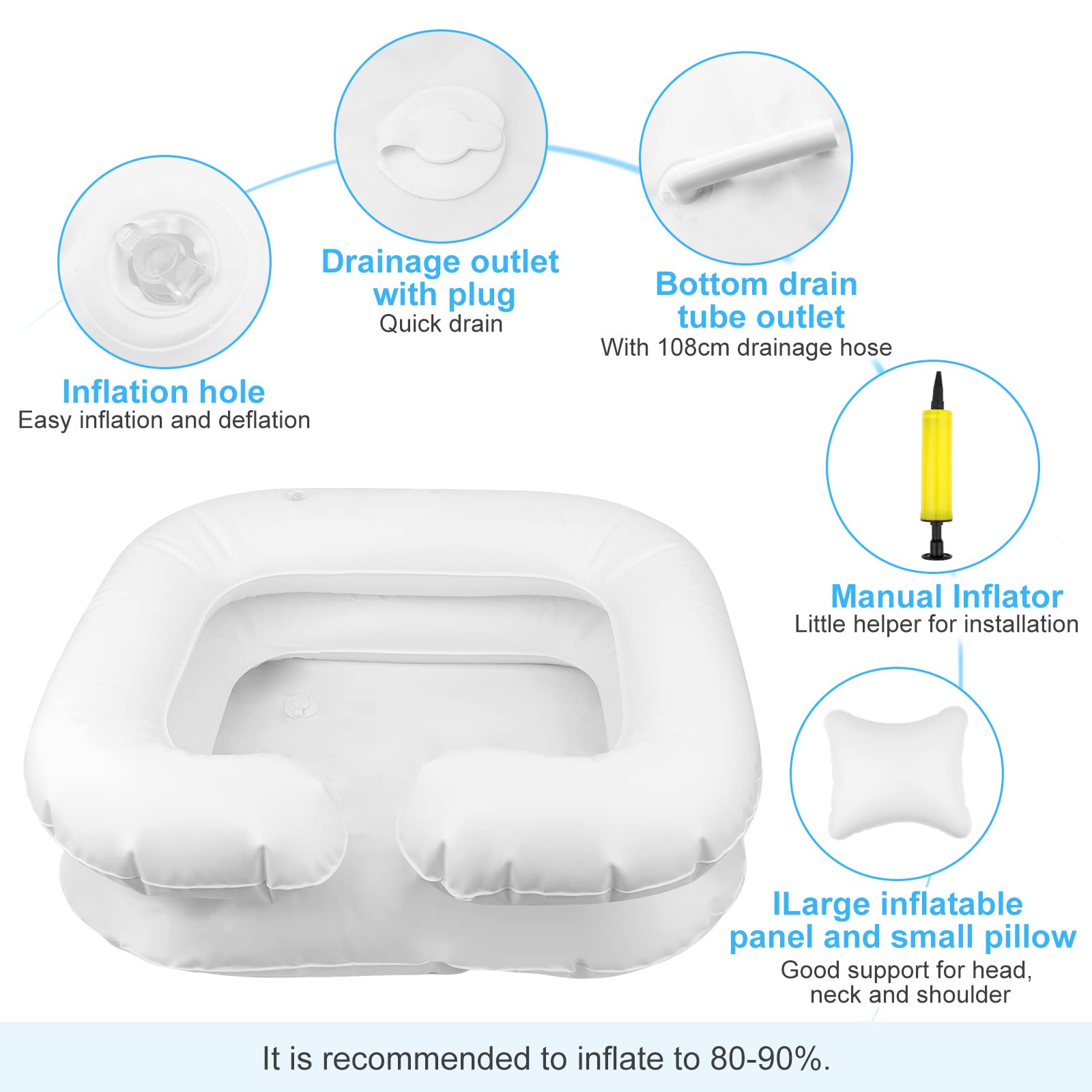 Lavatesta Gonfiabile Portatile per Parrucchieri, Lavandino Mobile con Cuscino Piccolo, Drain Tubo, Bacinella Bacino per Lavaggio Capelli, 60x55x22cm Bianco