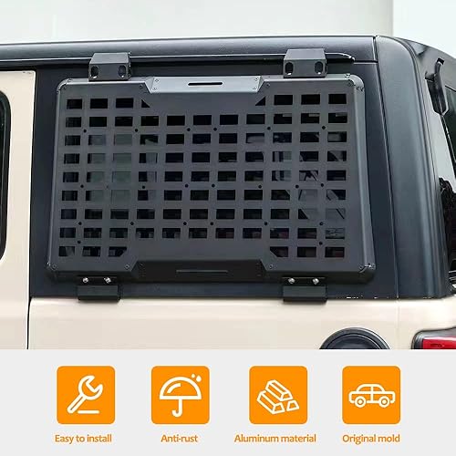 Miniatura 35 de FURYENGRAVER Kit de flanco de panel Molle de almacenamiento de ventana trasera, decoración protectora de ventana trasera para Jeep Wrangler