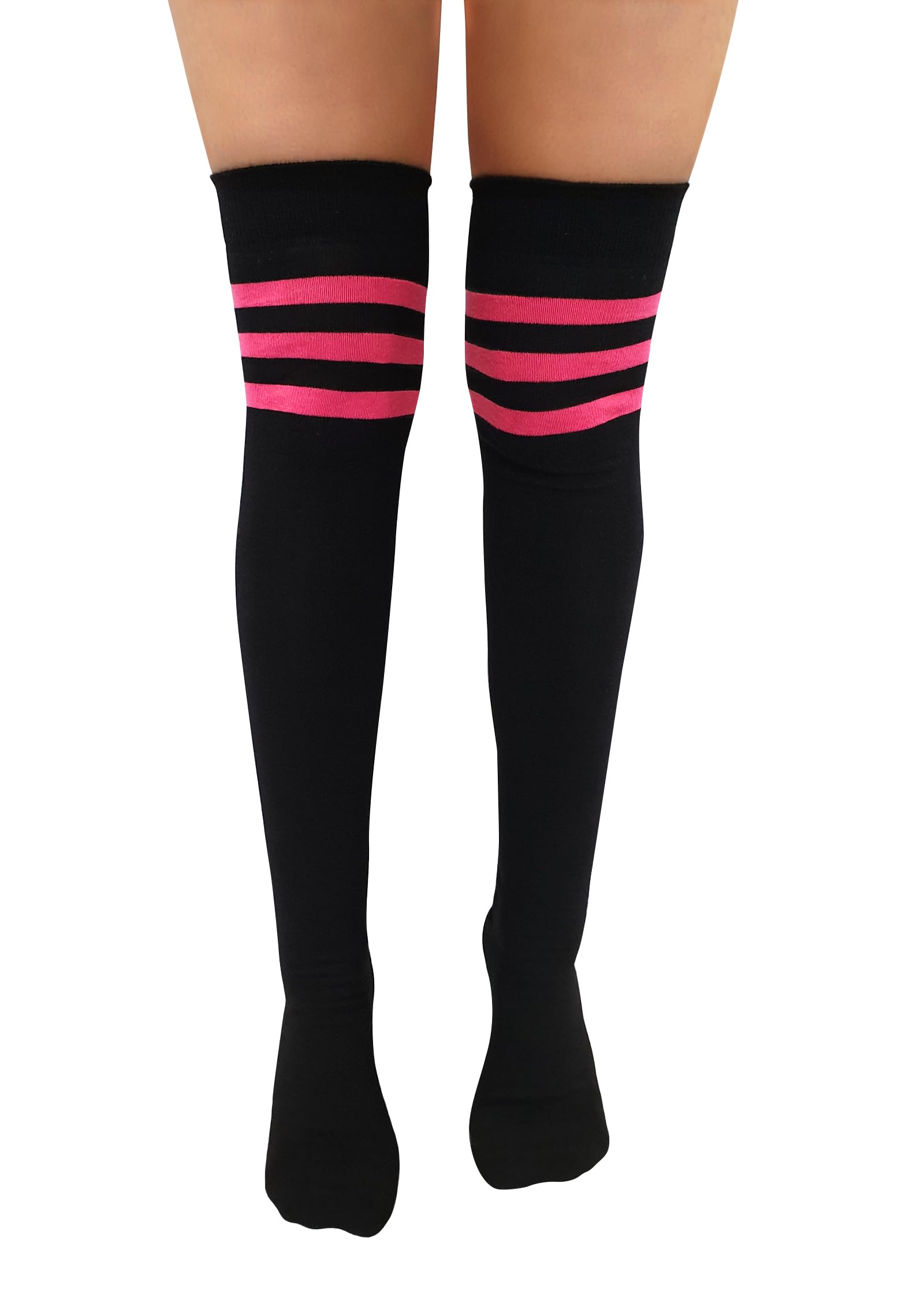 Nujake Girls Black With Pink Referee Style Over The Knee Cotton Rich Socks (Black With Pink)