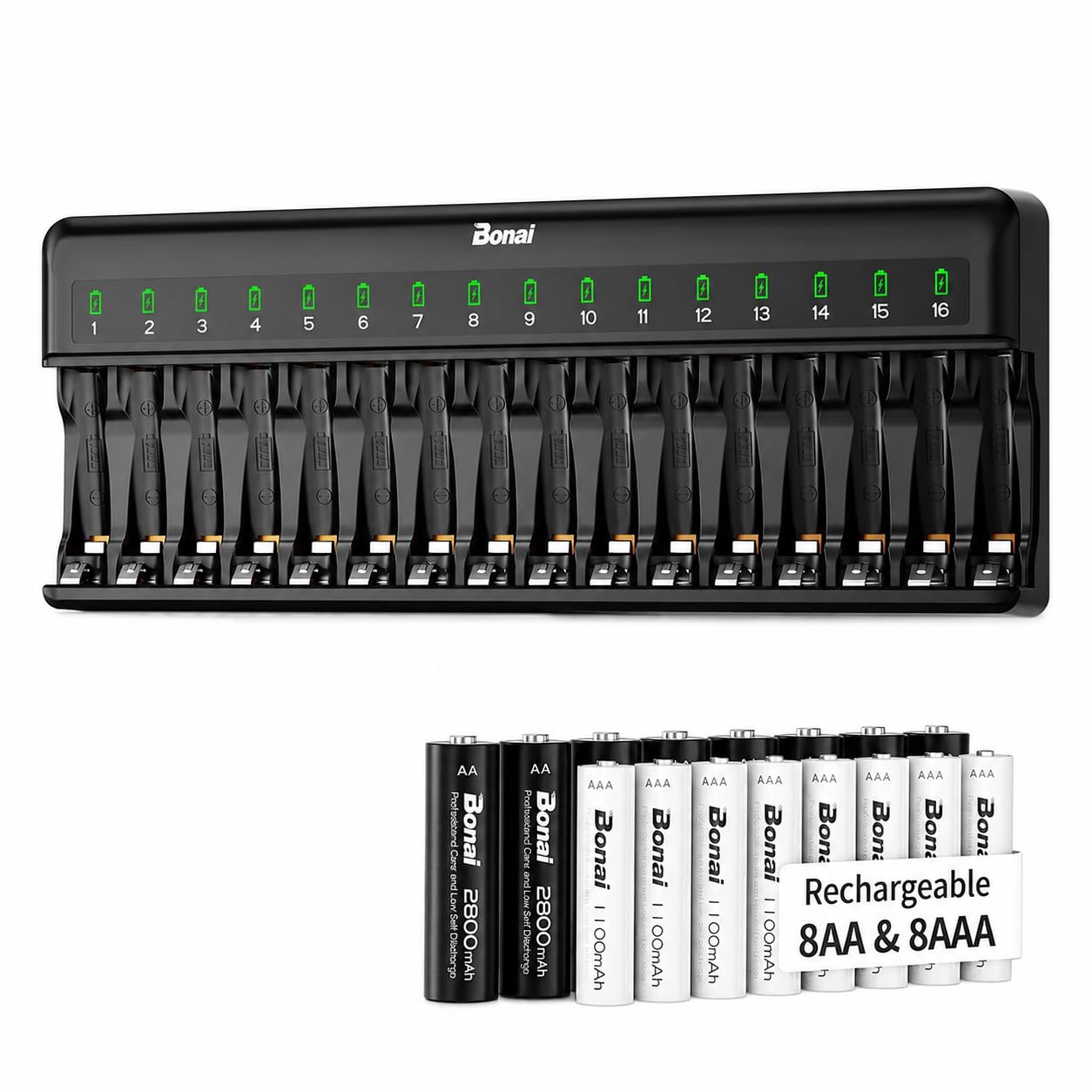 BONAI Kit Ricarica Completo, Caricabatterie Intelligente a 16 Slot con 16 Pile Ricaricabili Ni-MH (8 AA Stilo e 8 AAA Ministilo), Stazione di Indipendente per Telecomandi, Giocattoli e Dispositivi Dom