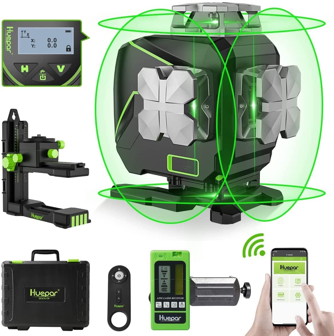 Huepar 16 Linien Selbstnivellierender Laser Level 4x360° Kreuzlinienlaser mit Empfänger - LCD-Bildschirm, 4D Bluetooth Grüner Strahl Fliesenbodenlaser, 360° Horizontaler/Vertikaler Laser S04-5RG