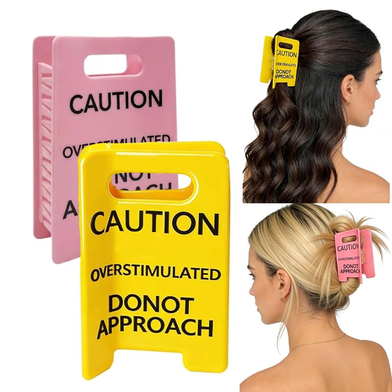 2PCS Excessive stimulation warning symbol hair clip big yellow warning hair clip persist partner I overstimulate fun strong claw clamp (pink yellow) large size
