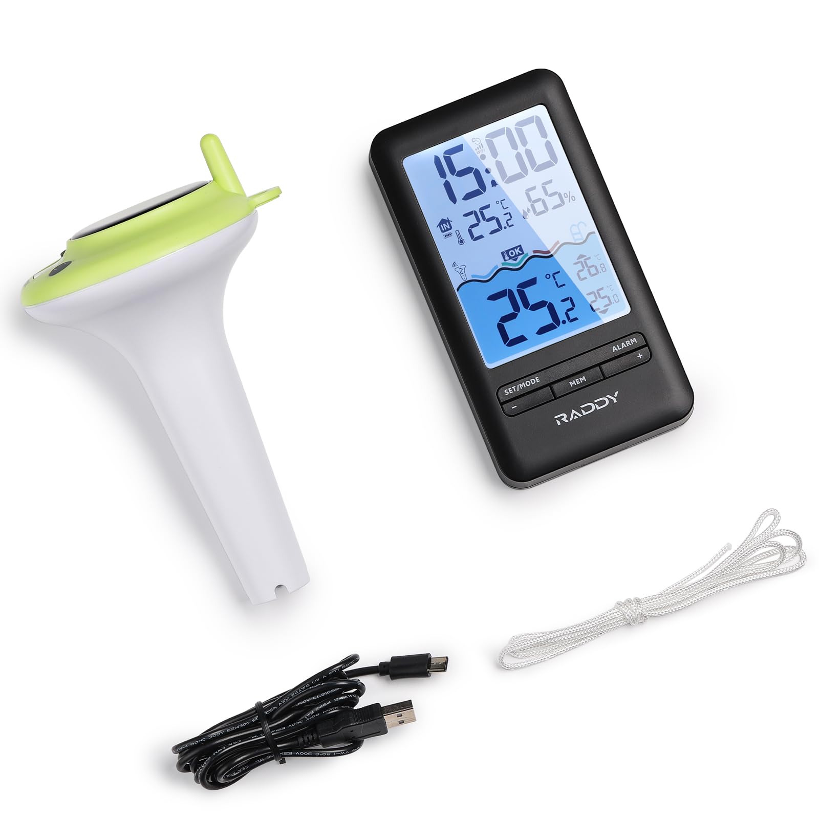 Raddy PT-5 Wi-Fi Termometro per piscina, Console interna, APP monitoraggio remoto tramite, IPX8, ricaricabile tramite energia solare e USB-C, per piscina, vasca idromassaggio, Stagno