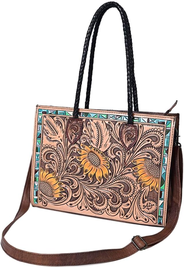 American Darling Western Tote Handcrafted from Genuine Leather | Tooled Sunflower & Turquoise Accents Crossbody Bag for Women