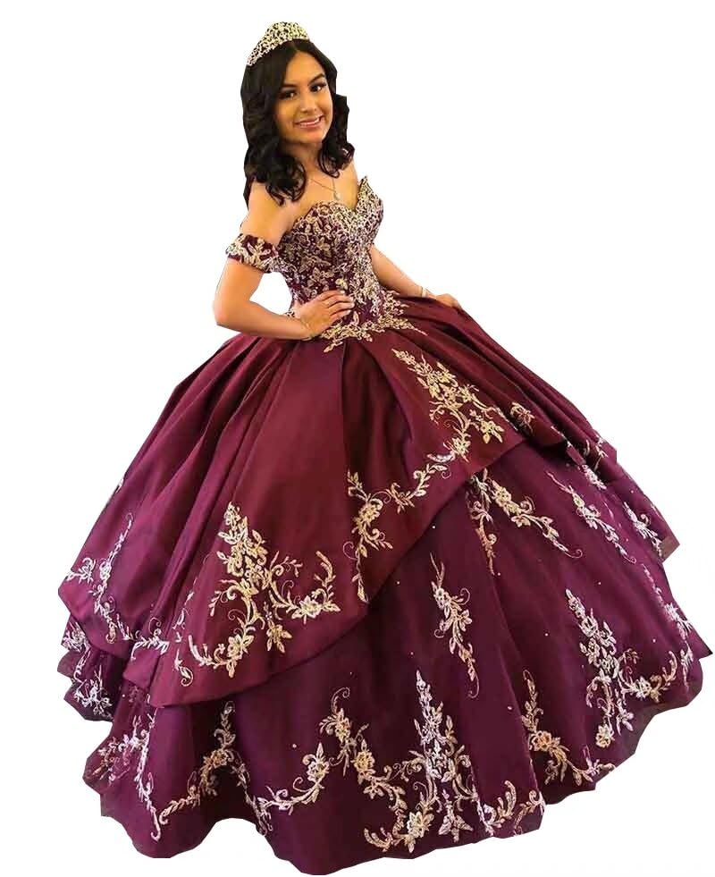 2025 Gold Embroidered Ball Gown Satin Tulle Quinceanera Evening Dresses Charro Mexican Detachable Sleeves3