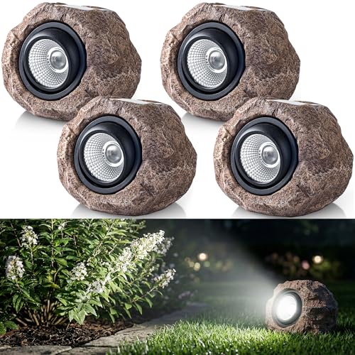 VISFLAIR Solar Rock Lights, 4 Pack Solar Powered Waterproof LED Spotlights Decorative for Outdoor Garden, Pathway, Walkway, Yard, Landscape, Patio (Cool White)